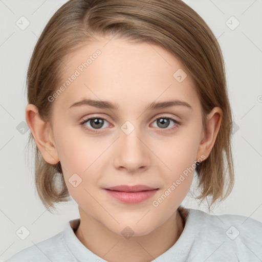 Joyful white child female with medium  brown hair and grey eyes