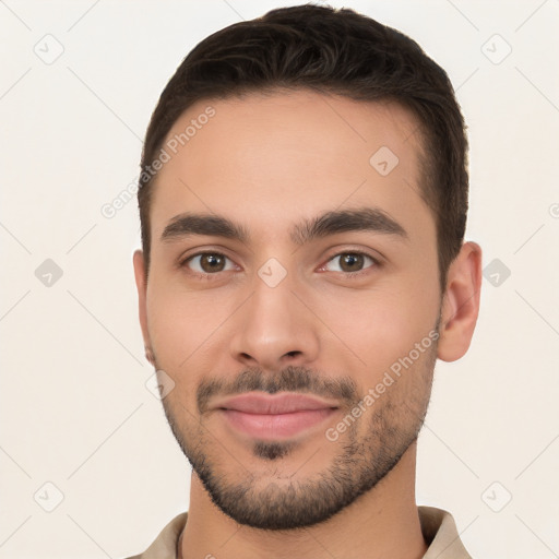 Joyful white young-adult male with short  brown hair and brown eyes