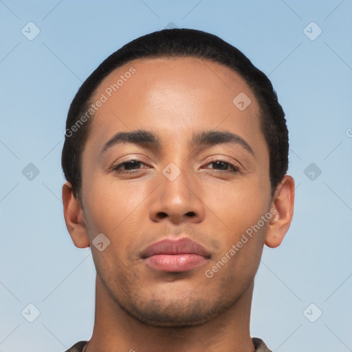 Neutral latino young-adult male with short  black hair and brown eyes