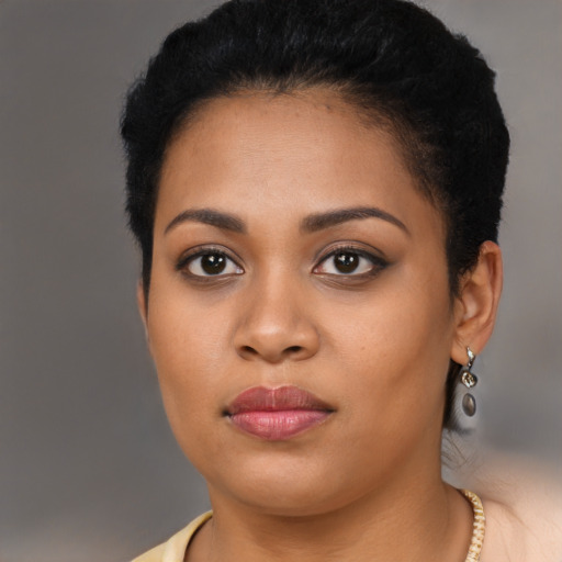 Neutral latino young-adult female with short  brown hair and brown eyes