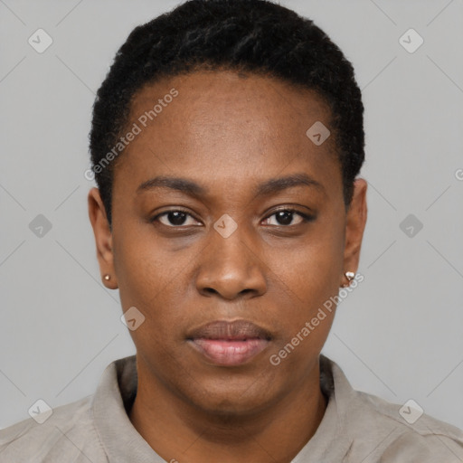 Neutral black young-adult female with short  black hair and brown eyes