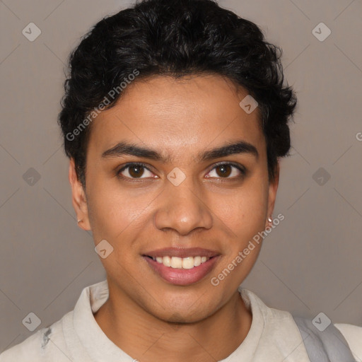 Joyful latino young-adult male with short  brown hair and brown eyes