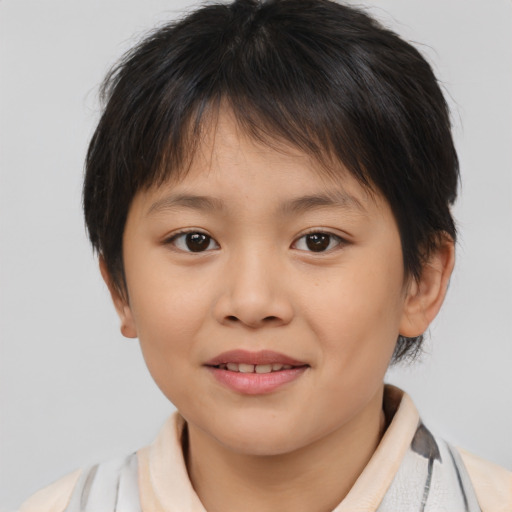 Joyful white child female with medium  brown hair and brown eyes