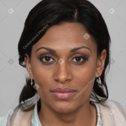 Joyful black young-adult female with medium  brown hair and brown eyes