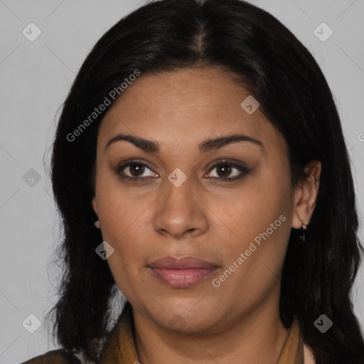 Joyful latino young-adult female with medium  black hair and brown eyes