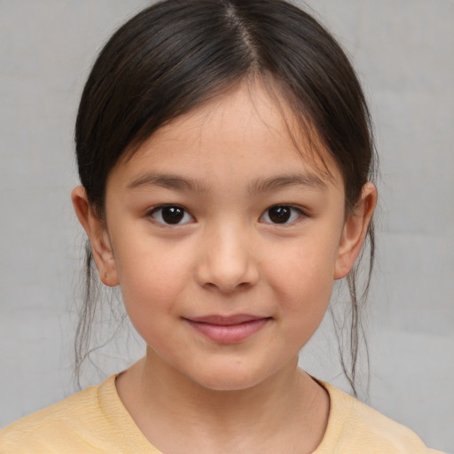 Joyful white child female with medium  brown hair and brown eyes