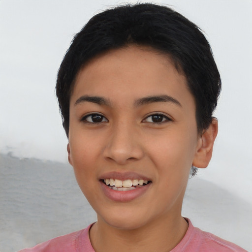 Joyful latino young-adult female with short  black hair and brown eyes