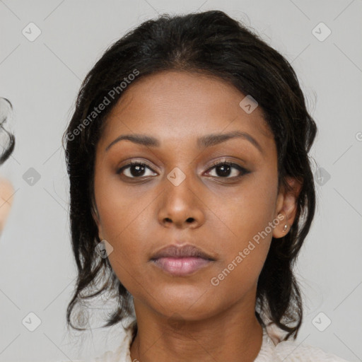 Neutral white young-adult female with medium  black hair and brown eyes