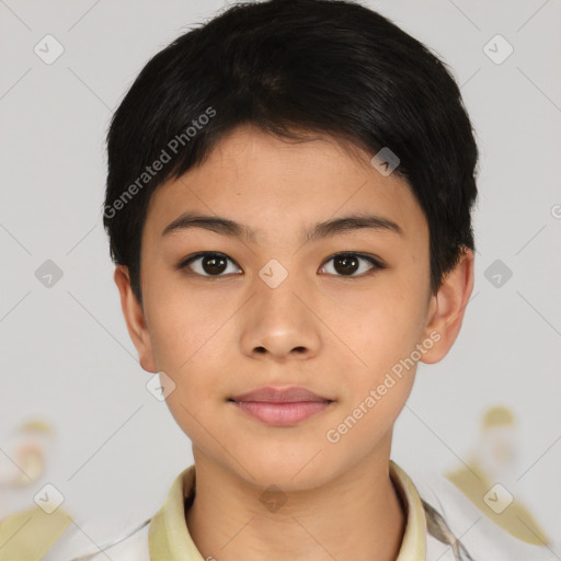 Neutral asian young-adult female with short  brown hair and brown eyes