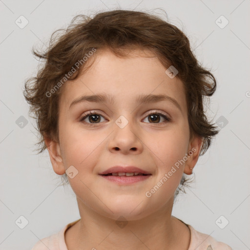 Joyful white child female with short  brown hair and brown eyes