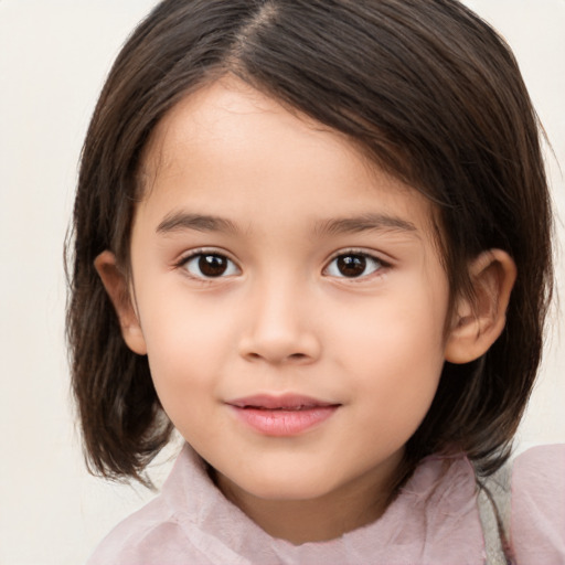 Joyful white child female with medium  brown hair and brown eyes