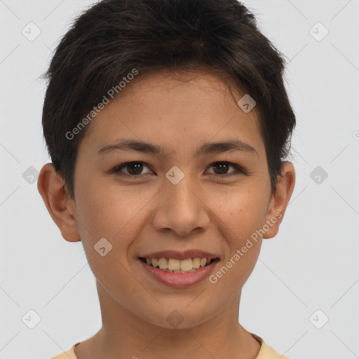 Joyful asian young-adult female with short  brown hair and brown eyes