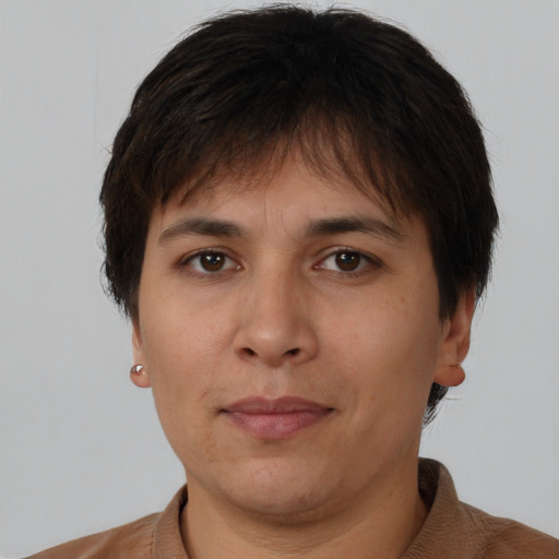 Neutral white young-adult female with short  brown hair and brown eyes