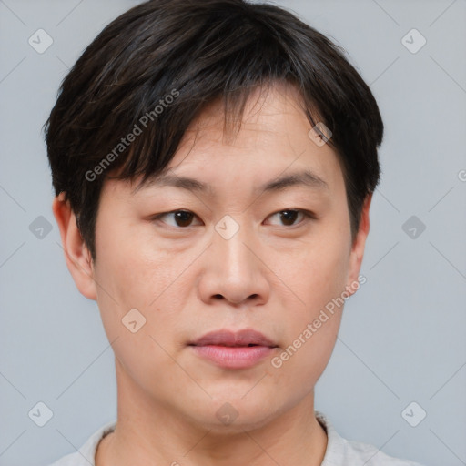 Neutral asian young-adult male with short  brown hair and brown eyes