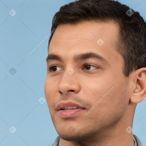 Neutral white young-adult male with short  brown hair and brown eyes