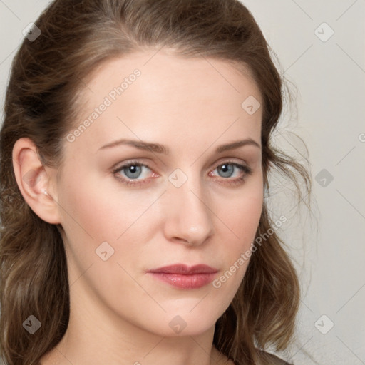 Neutral white young-adult female with medium  brown hair and blue eyes