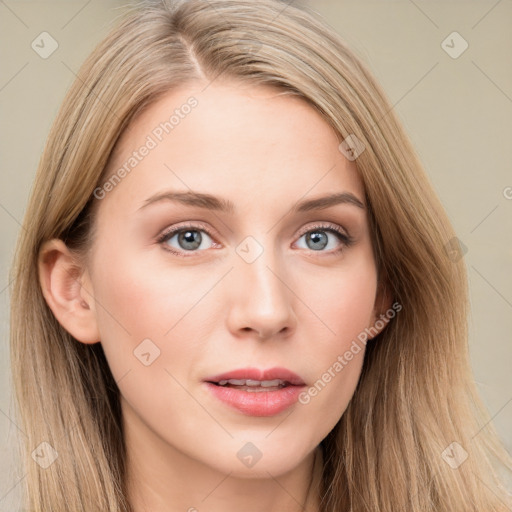 Neutral white young-adult female with long  brown hair and grey eyes