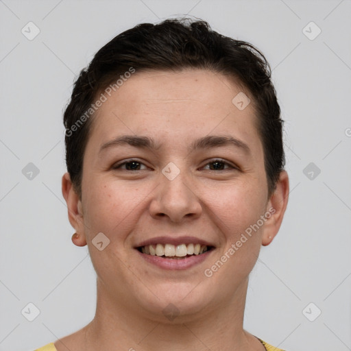 Joyful white young-adult female with short  brown hair and brown eyes