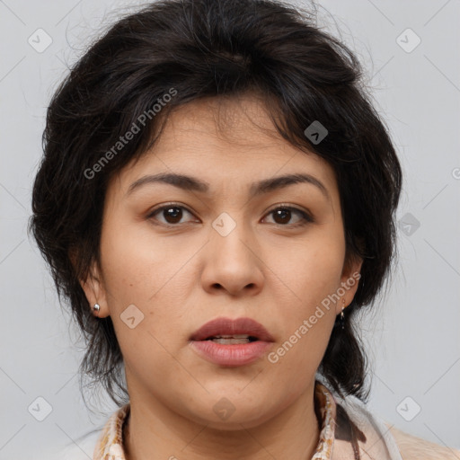 Neutral asian young-adult female with medium  brown hair and brown eyes