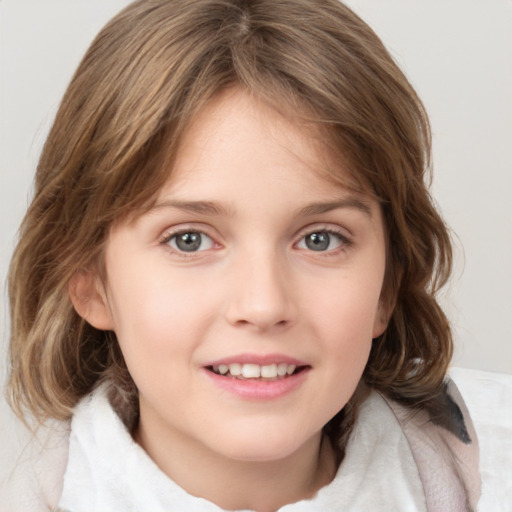 Joyful white child female with medium  brown hair and grey eyes