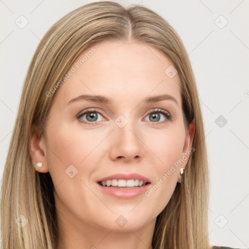 Joyful white young-adult female with long  brown hair and grey eyes