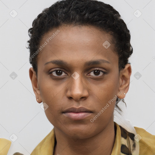 Neutral black young-adult female with short  brown hair and brown eyes