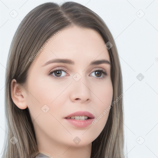 Neutral white young-adult female with long  brown hair and brown eyes