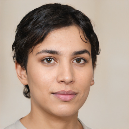 Neutral white young-adult female with short  black hair and brown eyes