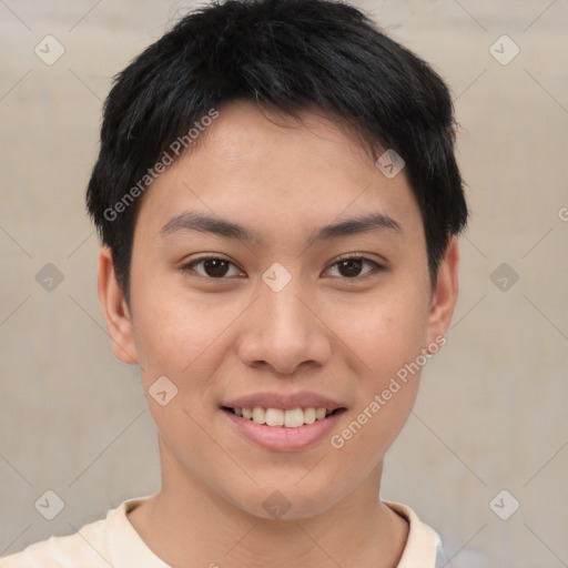Joyful asian young-adult female with short  brown hair and brown eyes