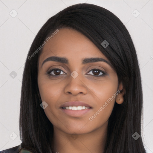 Joyful latino young-adult female with long  black hair and brown eyes