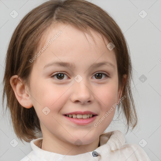 Joyful white child female with medium  brown hair and brown eyes