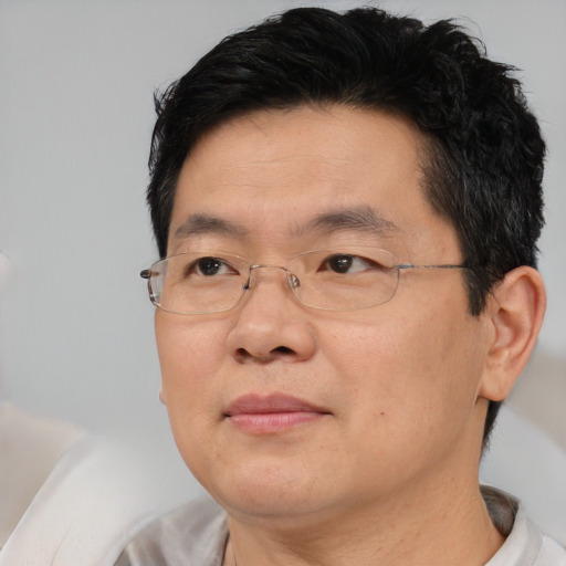 Joyful asian adult male with short  brown hair and brown eyes