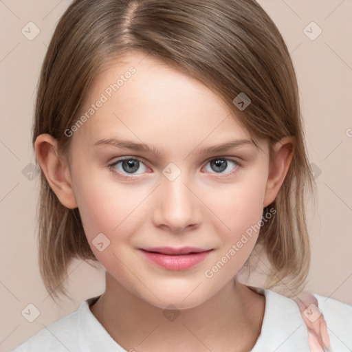 Joyful white child female with medium  brown hair and grey eyes