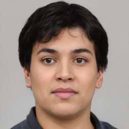 Neutral asian young-adult male with short  black hair and brown eyes