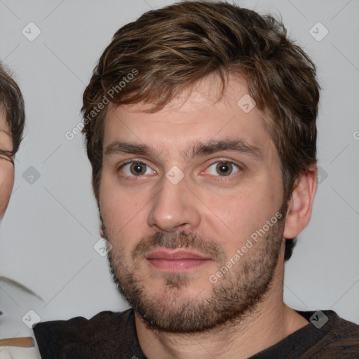 Neutral white young-adult male with short  brown hair and brown eyes