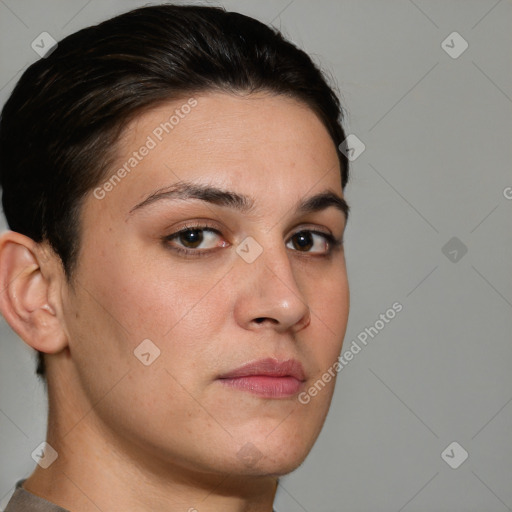 Neutral white young-adult female with short  brown hair and brown eyes