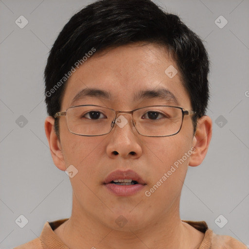 Neutral asian young-adult male with short  brown hair and brown eyes