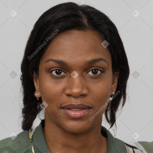 Joyful black young-adult female with medium  brown hair and brown eyes