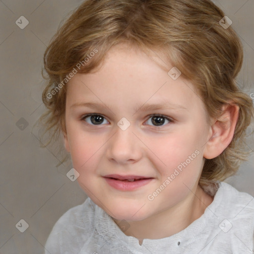 Joyful white child female with medium  brown hair and brown eyes