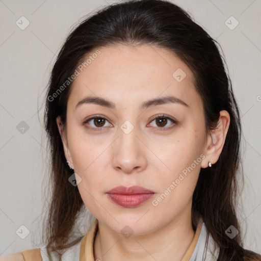 Neutral white young-adult female with medium  brown hair and brown eyes