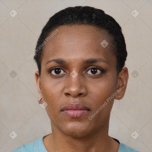 Neutral black young-adult female with short  black hair and brown eyes