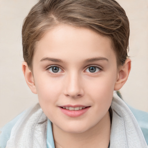 Joyful white child female with short  brown hair and brown eyes