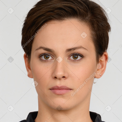 Neutral white young-adult female with short  brown hair and brown eyes