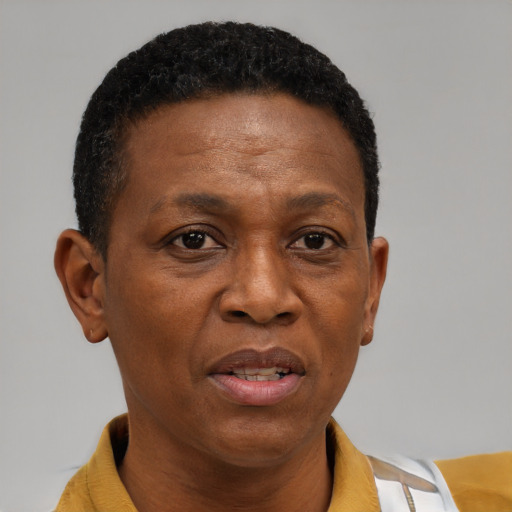 Joyful black adult female with short  brown hair and brown eyes