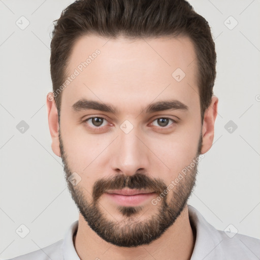 Neutral white young-adult male with short  brown hair and brown eyes