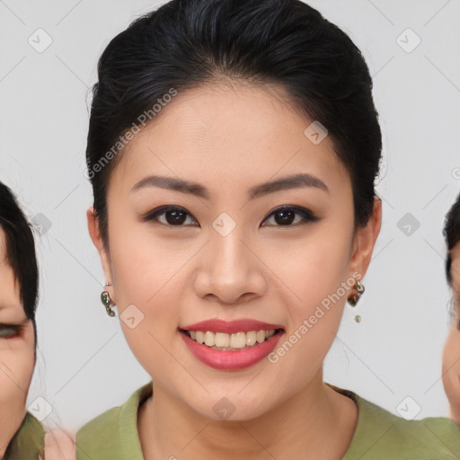 Joyful asian young-adult female with medium  brown hair and brown eyes