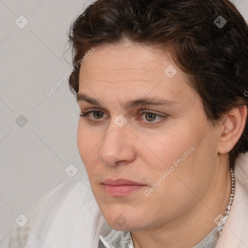 Neutral white young-adult female with short  brown hair and brown eyes