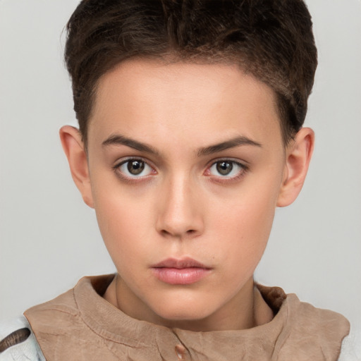 Neutral white young-adult female with short  brown hair and grey eyes