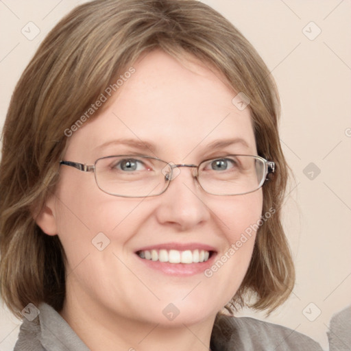 Joyful white adult female with medium  brown hair and blue eyes