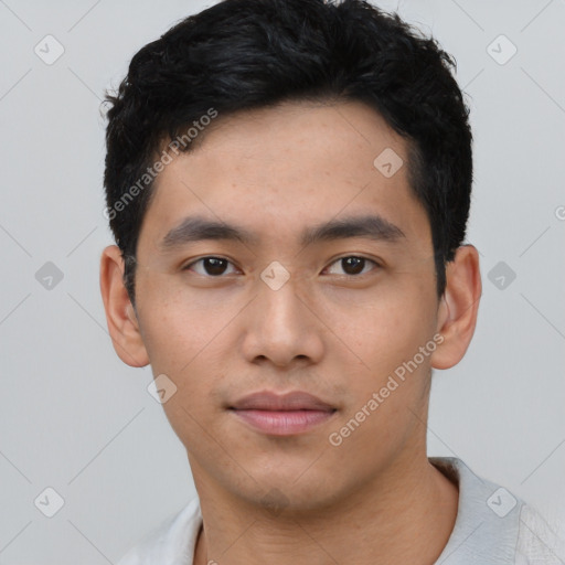 Neutral asian young-adult male with short  black hair and brown eyes